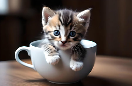Cute little bengal kitten in a cup of coffee.の素材