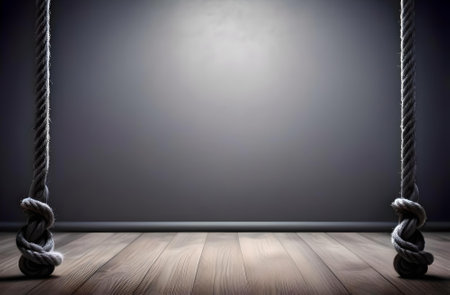 Conceptual image of wooden floor and rope on gray wall backgroundの素材
