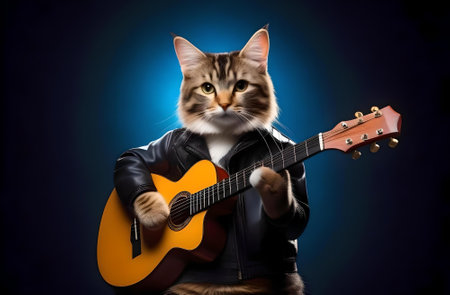 Portrait of a cat in leather jacket with guitar on blue backgroundの素材