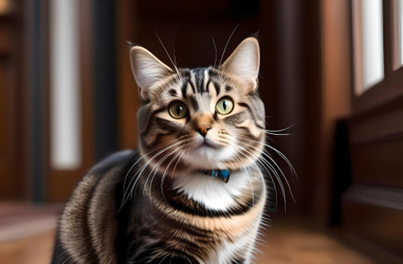 Close up portrait of a beautiful tabby cat sitting on the floorの素材