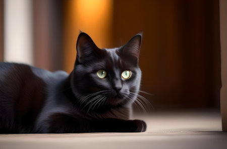 Beautiful black cat with yellow eyes lying on the floor at homeの素材