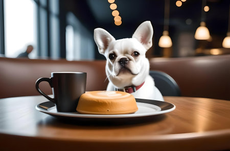 French bulldog with a cup of coffee and cake on the tableの素材