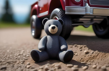 Teddy bear in front of a toy car on the road.の素材