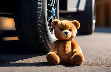 Teddy bear sitting on the road next to a car wheel.の素材