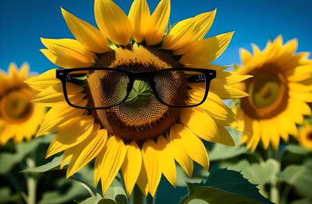 sunflower with glasses on the background of a field of sunflowersの素材