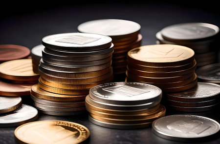 Euro coins on a dark background. Close-up. Selective focus.の素材