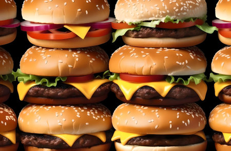Close-up of delicious cheeseburgers on black background.の素材