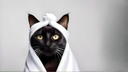 Black cat wrapped in a white towel on a gray background with copy spaceの素材