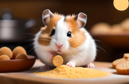Hamster with cookies on a wooden table in the kitchen, close-upの素材