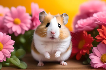 Hamster with flowers on yellow background, closeup. Animal themeの素材
