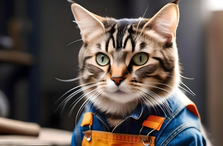 Close-up portrait of a cat in a blue overalls.の素材