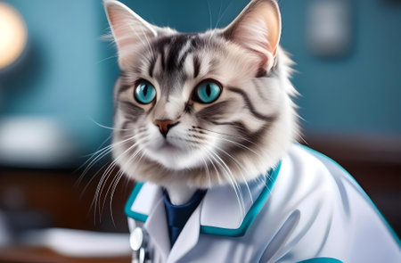 Portrait of a cat in a veterinary clinic with a stethoscopeの素材