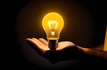 Hand holding a glowing light bulb on a dark background with copy space.の素材