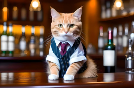 Cute red cat in a business suit and tie on the barの素材