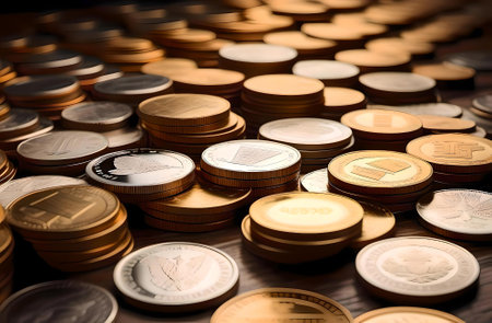 Coins of different colors on a wooden table. Shallow depth of fieldの素材