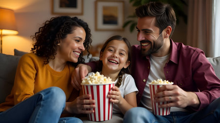 happy family with popcorn watching movie on sofa at home in the eveningの素材