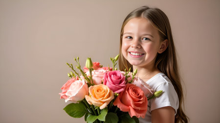Little girl with a bouquet of flowers on a gray background.の素材
