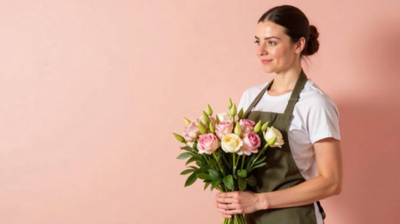 Female florist with a bouquet of flowers on a pink backgroundの素材
