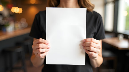 Blank sheet of paper in hands of waitress in cafe, closeupの素材