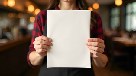 Blank sheet of paper in female hands. Mockup for designの素材