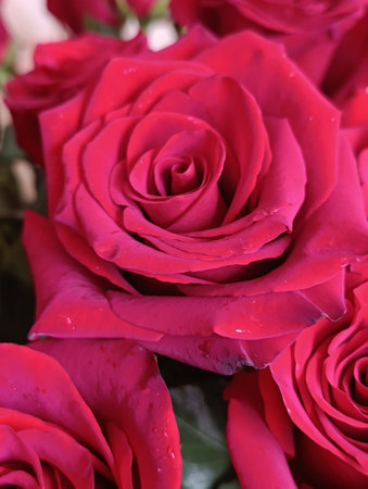 Beautiful red roses with water drops, close-up, macroの写真素材