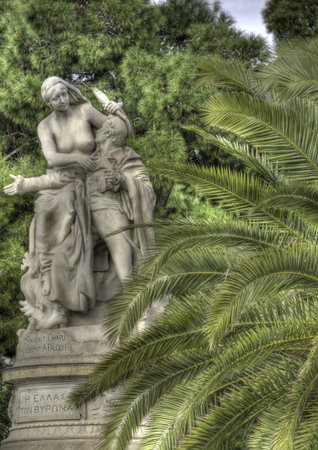 high dynamic range of Hellas and Lord Byron statue in Athensの写真素材
