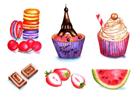 Set of cakes, fruits. Watercolor illustrationの写真素材
