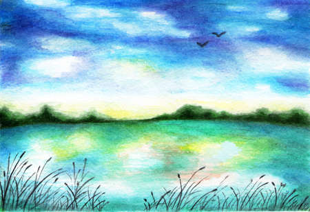 Lake with reeds on the shore. Watercolor illustrationの写真素材