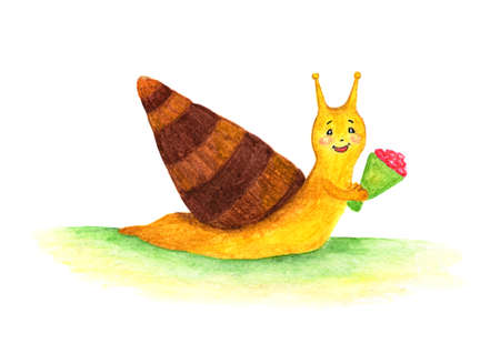 Snail with a dark brown shell. Watercolor illustration.の写真素材
