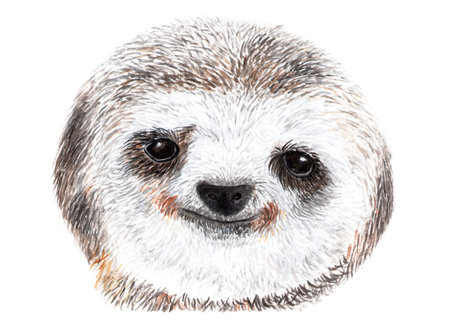Lovely portrait of a sloth. Watercolor illustration. The face of a sloth, sweet little face. Print...