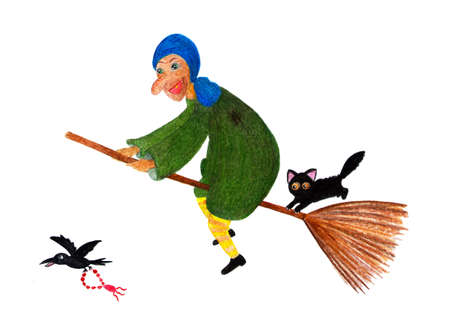 Baba Yaga. Watercolor illustration painted by hand. Fabulous character of a woman yaga. The old lady is flying on a broom, next to a black cat. Illustration for a children's book.の写真素材
