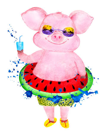 Happy pig enjoys life. Watercolor illustration. Funny pig in shorts and with an inflatable circle at the waist in a spray of waves. Illustration for printing on mugs, bottles and beverage glasses.の写真素材