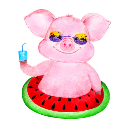 Cute pig. Watercolor illustrations drawn by hand. Portrait of a pink pig. Pig on an inflatable circle. Illustration for decoration, design, printing.の写真素材