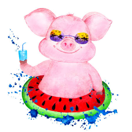 Cute pig. Watercolor illustrations drawn by hand. Portrait of a pink pig. Pig on an inflatable circle in a spray of waves. Illustration for printing on t-shirts.の写真素材