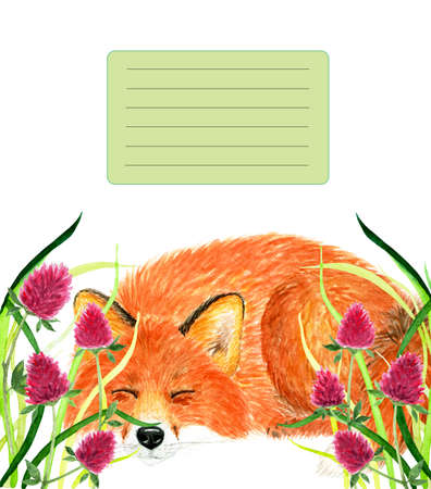 Cover for notebook with sleeping Fox. Watercolor illustration. Fox sleeping in the grass. Background for design, printing on paper. Illustration for product advertising.の写真素材