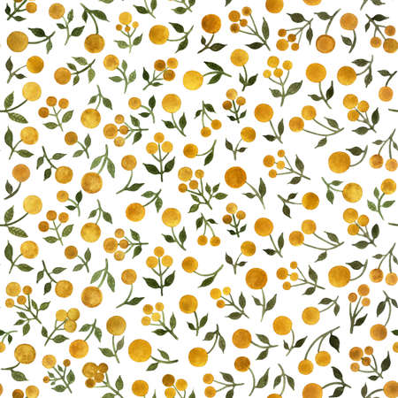 Background with branches of mimosa. Watercolor illustration. Seamless pattern with branches of mimosa on a white background. Background for printing, decor of interior, fabrics, paper.の写真素材