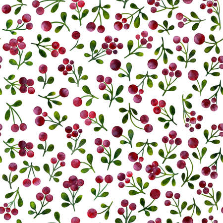 Seamless pattern with branches of lingonberry, painted in watercolor. Pattern for printing on fabric, paper. Sprigs of cowberry on a white background.の写真素材