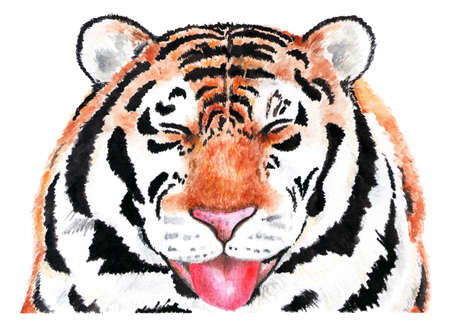 Portrait of tiger. Watercolor illustration. Tiger smiling at the camera. The animal enjoys life. Illustration for design, decor.の写真素材