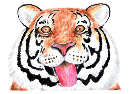 Portrait of tiger. Watercolor illustration. Tiger shows his tongue on camera. Happy tiger. Illustration for design, decor.の写真素材
