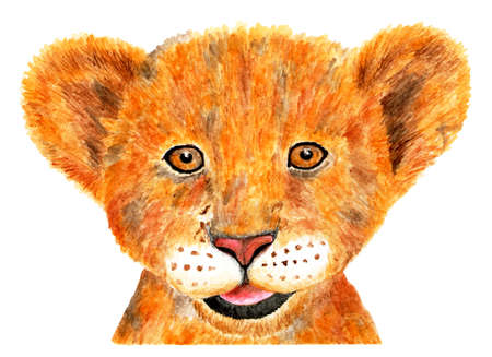 Portrait of lion. Watercolor illustration. Portrait of a little lion cub. Happy lion cub painted in watercolor. Illustration for design, decor.の写真素材