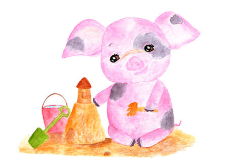 Cute pig. Watercolor illustration. Piggy playing sand castles Monthly calendar with piglet. Illustration-June, July.の写真素材