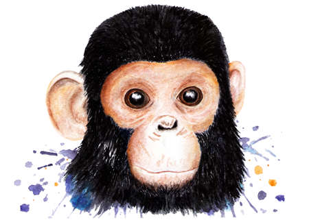 Portrait of a chimpanzee. Watercolor illustration. Monkey. Illustration for printing on t-shirts, t-shirts. Unusual fashion illustration with chimpanzees. Illustration for design, decor.の写真素材