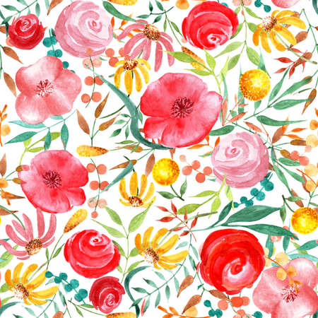 Pattern with roses and poppies in vintage style. Watercolor illustration. Silk scarf with floral pattern. Vintage shawl design with flowers. Fashion textile design.の写真素材