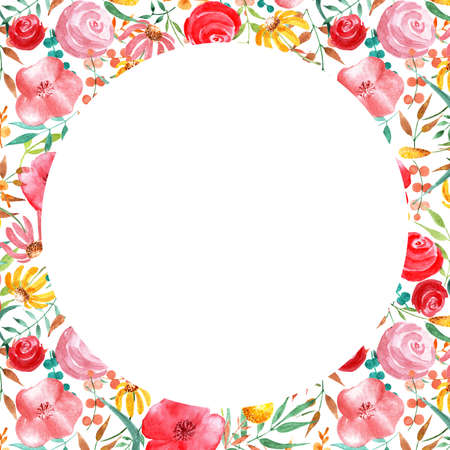 Pattern with flowers and herbs. Watercolor illustration. The layout for the labels on cosmetics products. In the center there is a place to write the text.の写真素材