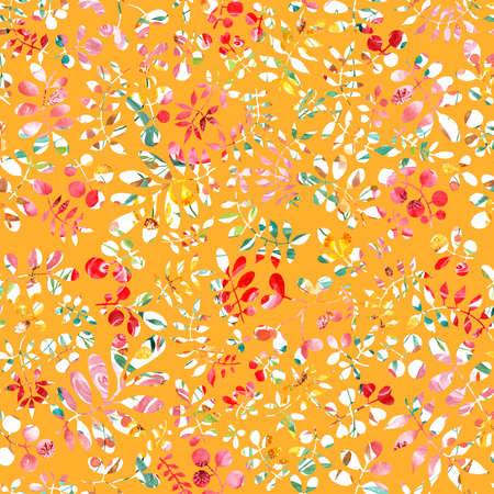 Gold background with white flowers. Watercolor illustration. Seamless design, drawn Botanical pattern. Floral fashion, textile design. Illustration for printing.の写真素材