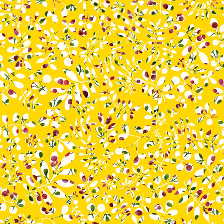 Picture of cowberries. Watercolor illustration. Seamless design, botanical pattern on gold background. Floral fashion, textile design.の写真素材