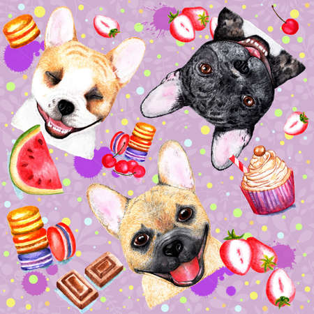 Cute pattern with dogs on pink background. Watercolor illustration. Bulldogs on pink, lilac background. Fashionable printing. Sweet dessert background.の写真素材