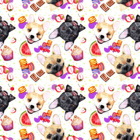 Cute pattern with dogs on white background. Watercolor illustration. French bulldogs on white background. Fashionable printing. Sweet dessert background.の写真素材