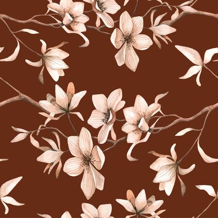 Seamless floral pattern with magnolias on a brown background, watercolor. Vector illustration.のイラスト素材