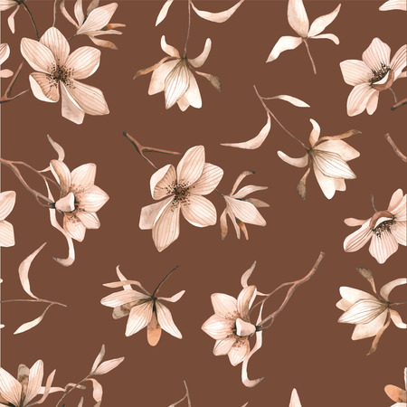 Seamless floral pattern with magnolias on a brown background, watercolor. Vector illustration.のイラスト素材